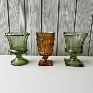 VTG Indiana Glass Avocado Green Pedestal Vases + Amber Mount Vernon Set